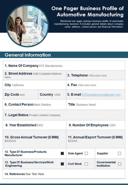 One Pager Business Profile Of Automotive Manufacturing PDF Document PPT Template Slide01