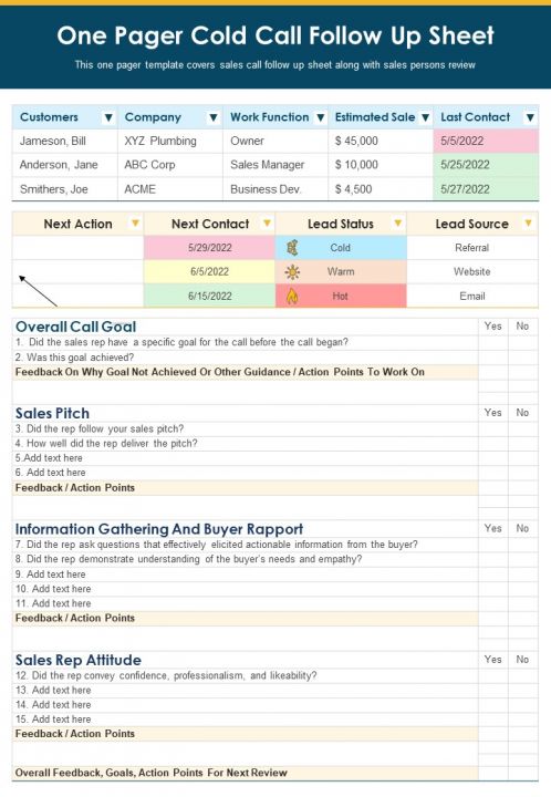 One Pager Cold Call Follow Up Sheet PDF Document PPT Template Slide01