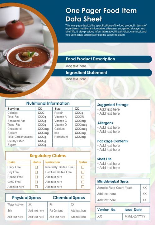 One Pager Food Item Data Sheet PDF Document PPT Template Slide01