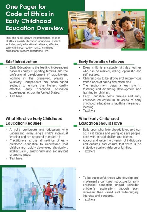 One Pager For Code Of Ethics In Early Childhood Education Overview PDF Document PPT Template Slide01