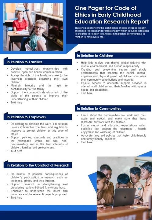 One Pager For Code Of Ethics In Early Childhood Education Research Report PDF Document PPT Template Slide01