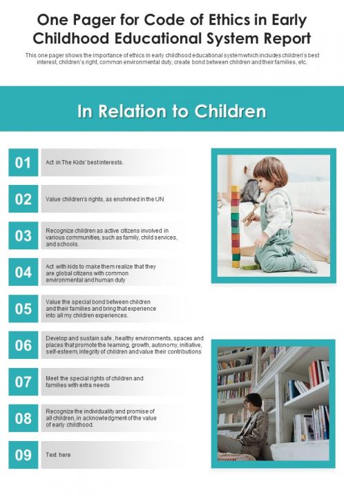 One Pager For Code Of Ethics In Early Childhood Educational System Report PDF Document PPT Template Slide01