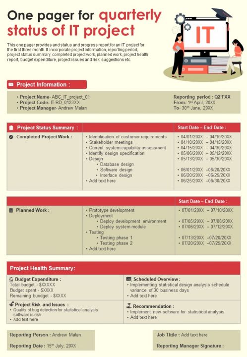 One Pager For Quarterly Status Of IT Project PDF Document PPT Template Slide01