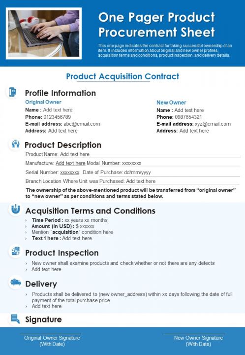 One Pager Product Procurement Sheet PDF Document PPT Template Slide01
