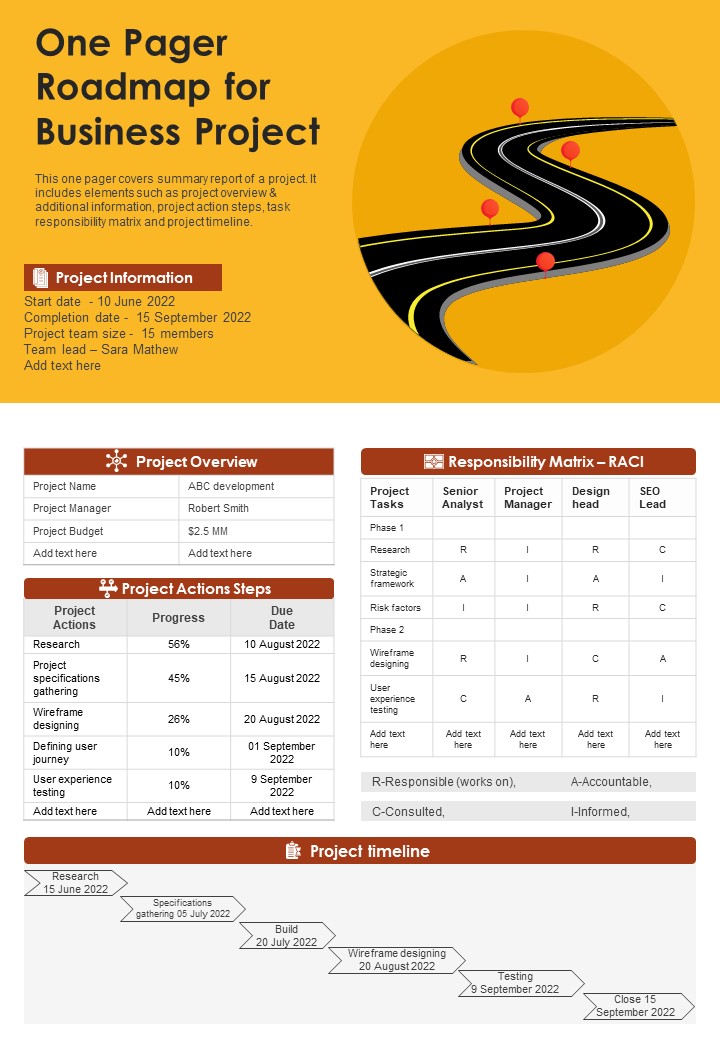 One Pager Roadmap For Business Project PDF Document PPT Template Slide01