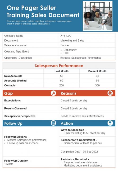 One Pager Seller Training Sales Document PDF Document PPT Template Slide01