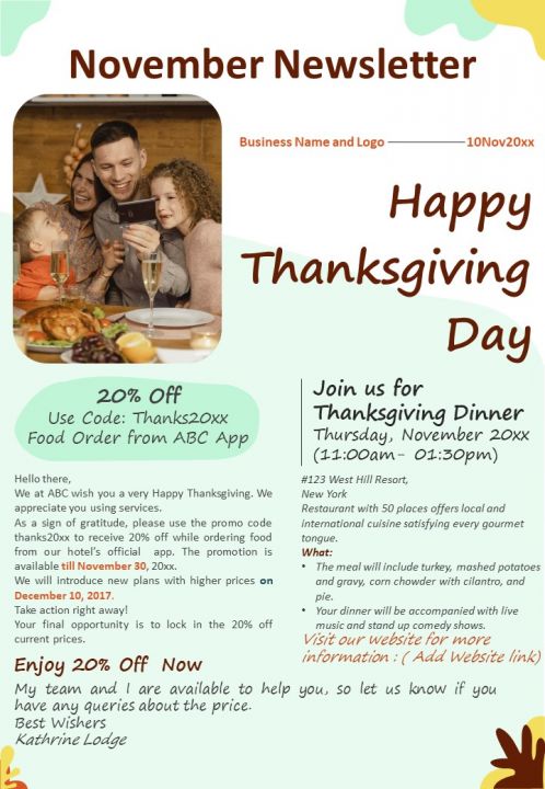 One Pager Thanksgiving Day Promotional Newsletter PDF Document PPT Template Slide01