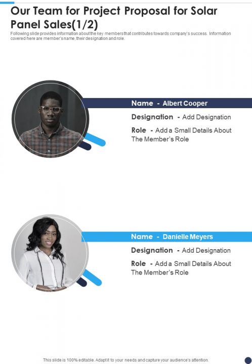 Our Team For Project Proposal For Solar Panel Sales One Pager Sample Example Document Slide01