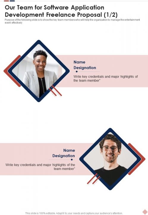 Our Team For Software Application Development Freelance Proposal One Pager Sample Example Document Slide01