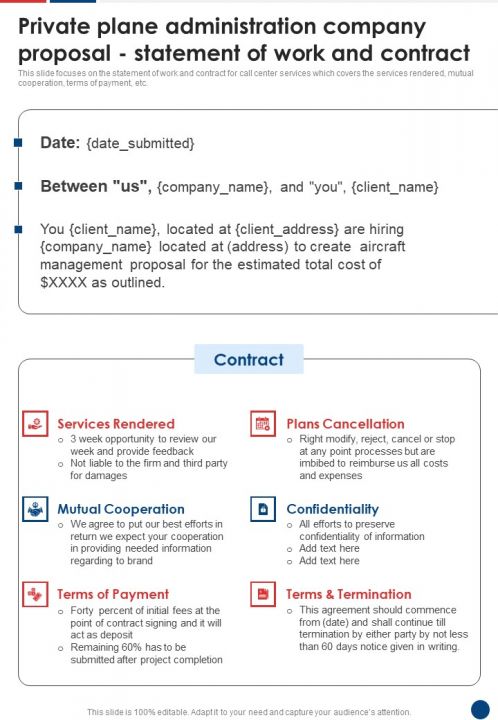 Private Plane Administration Company Statement Of Work And Contract One Pager Sample Example Document Slide01