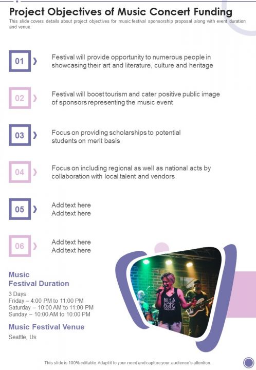 Project Objectives Of Music Concert Funding One Pager Sample Example Document Slide01
