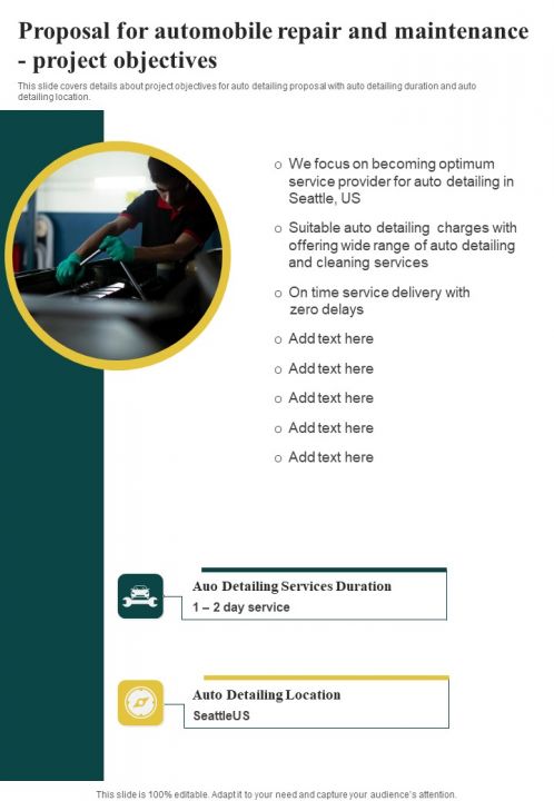 Proposal For Automobile Repair And Maintenance Project Objectives One Pager Sample Example Document Slide01