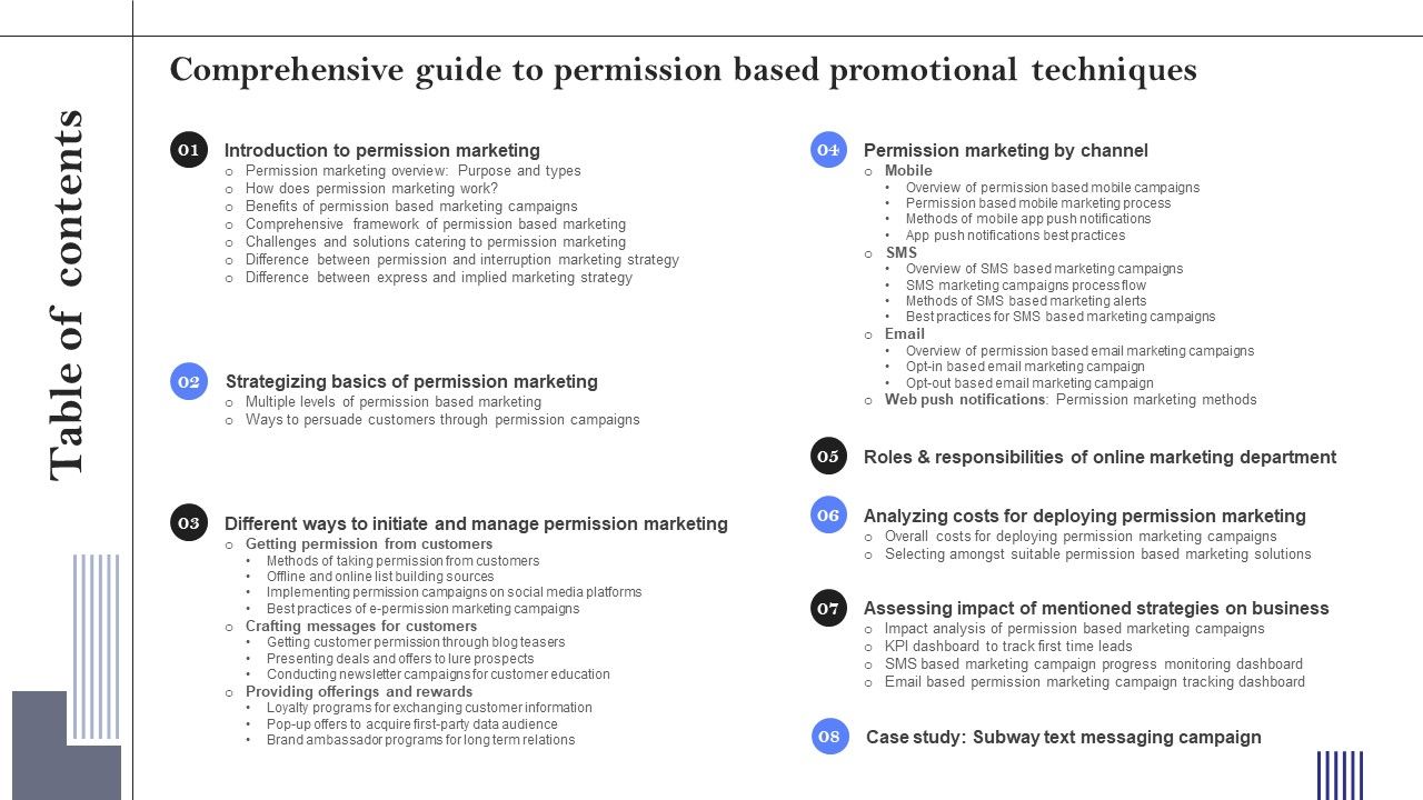 Comprehensive Guide To Permission Based Promotional Techniques Table Of Contents Icons PDF