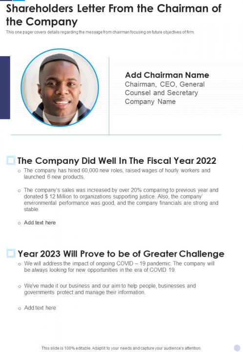 Shareholders Letter From The Chairman Of The Company Template 202 One Pager Documents Slide01