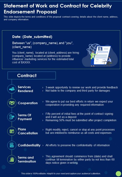 Statement Of Work And Contract For Celebrity Endorsement Proposal One Pager Sample Example Document Slide01