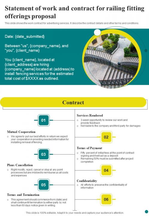 Statement Of Work And Contract For Railing Fitting Offerings Proposal One Pager Sample Example Document Slide01