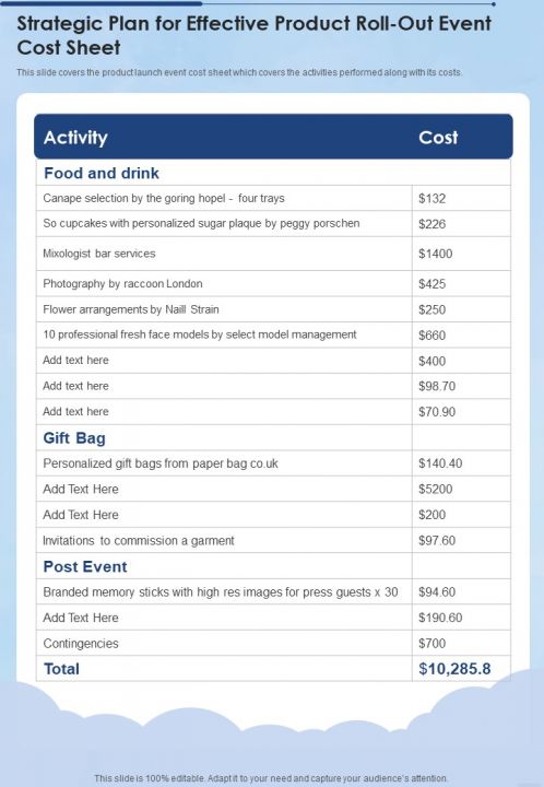 Strategic Plan For Effective Product Roll Out Event Cost Sheet One Pager Sample Example Document Slide01