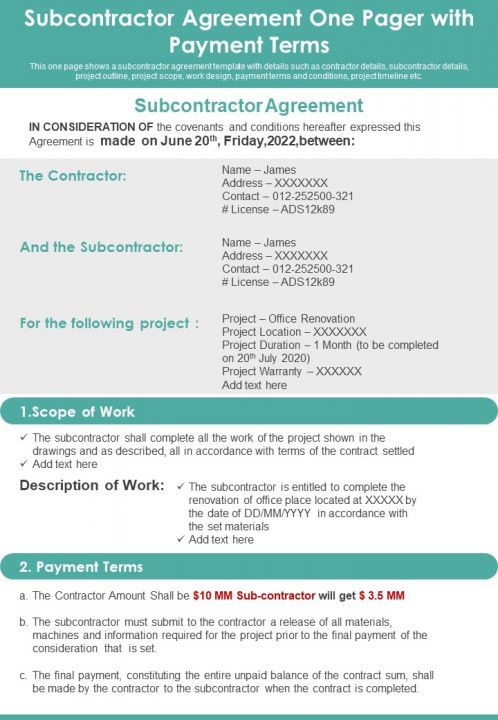 Subcontractor Agreement One Pager With Payment Terms PDF Document PPT Template Slide01