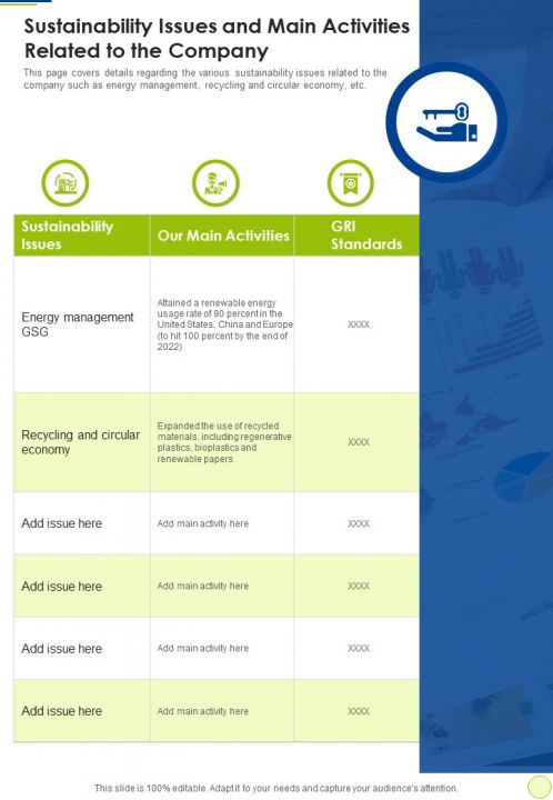 Sustainability Issues And Main Activities Related To The Company One Pager Documents Slide01