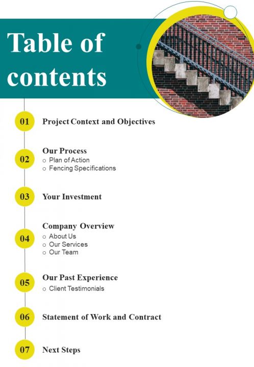 Table Of Contents Railing Fitting Offerings Proposal One Pager Sample Example Document Slide01