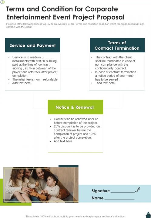 Terms And Condition For Corporate Entertainment Event Project Proposal One Pager Sample Example Document Slide01