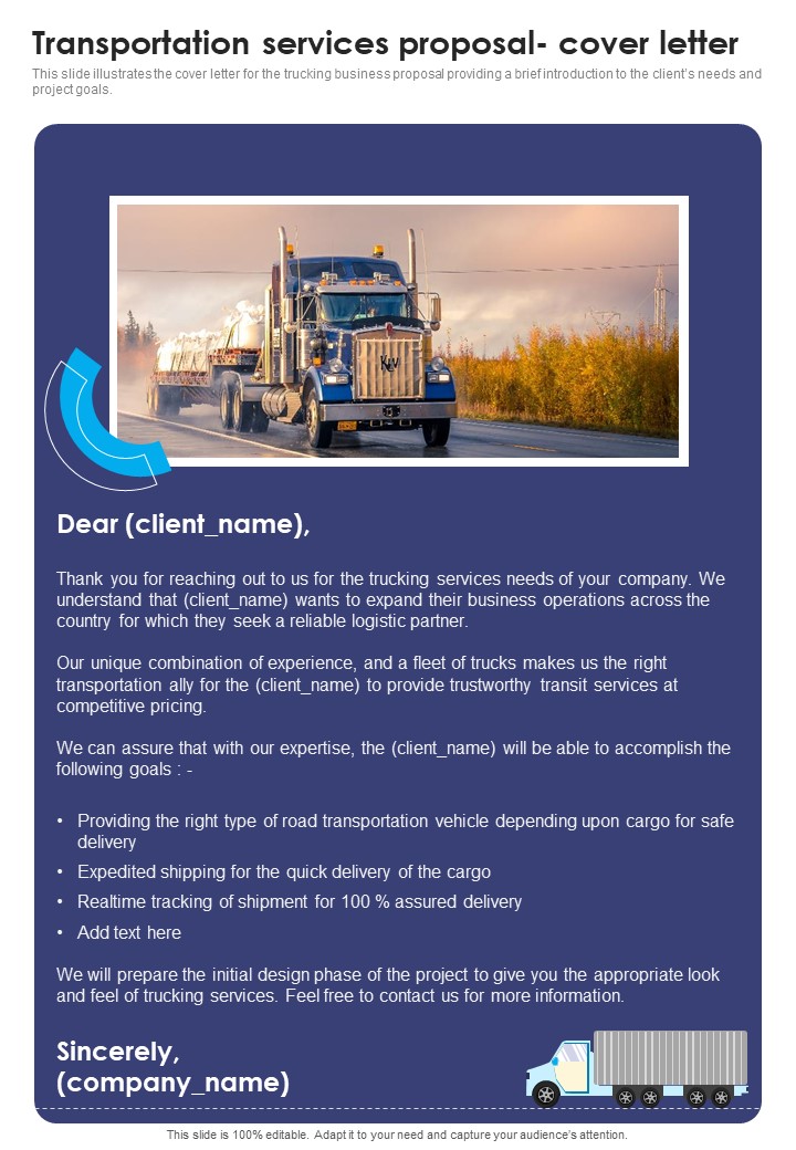 Transportation Services Proposal Cover Letter One Pager Sample Example Document Slide01