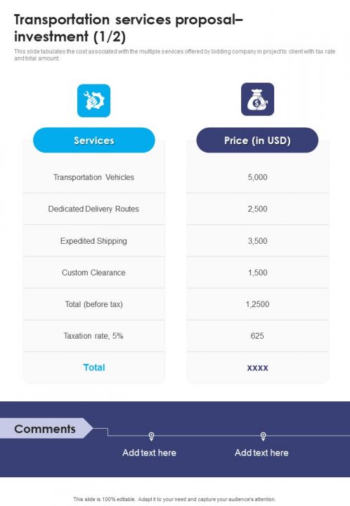 Transportation Services Proposal Investment One Pager Sample Example Document Slide01