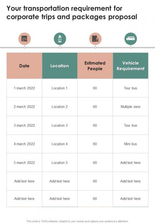Your Transportation Requirement For Corporate Trips And Packages Proposal One Pager Sample Example Document Slide01