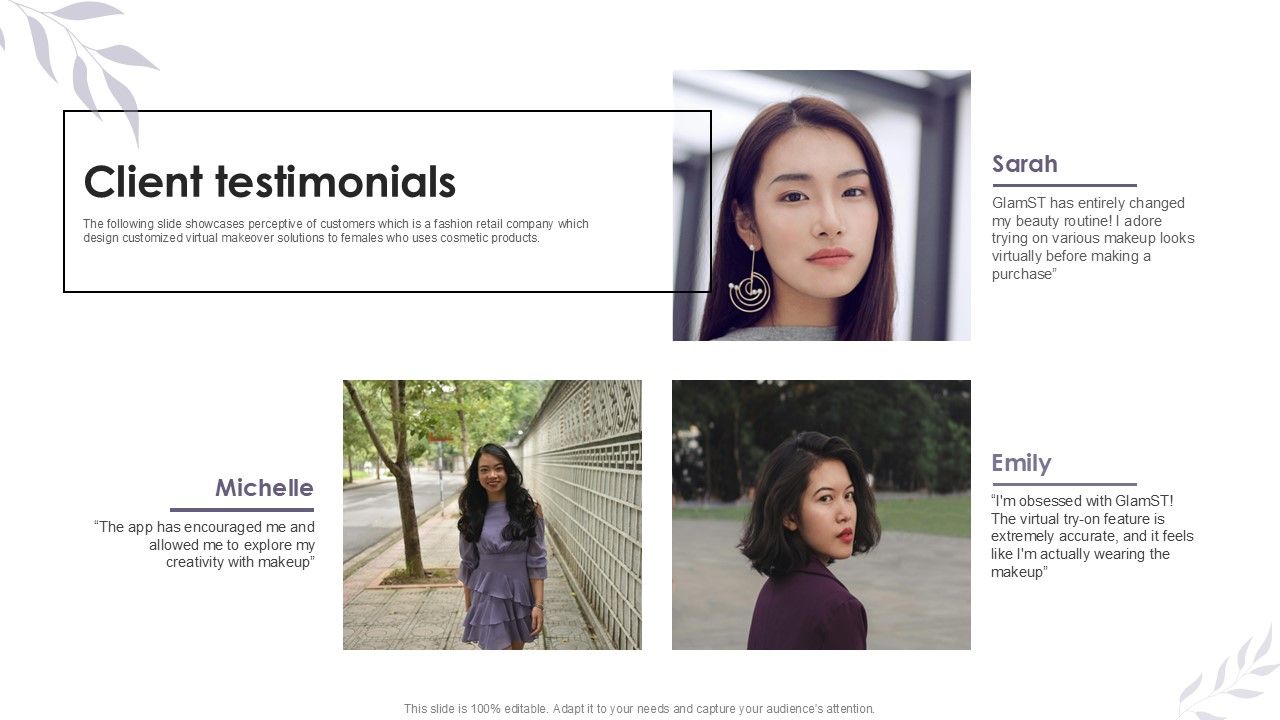 Client Testimonials Cosmetic Products Platform Investor Ppt Example