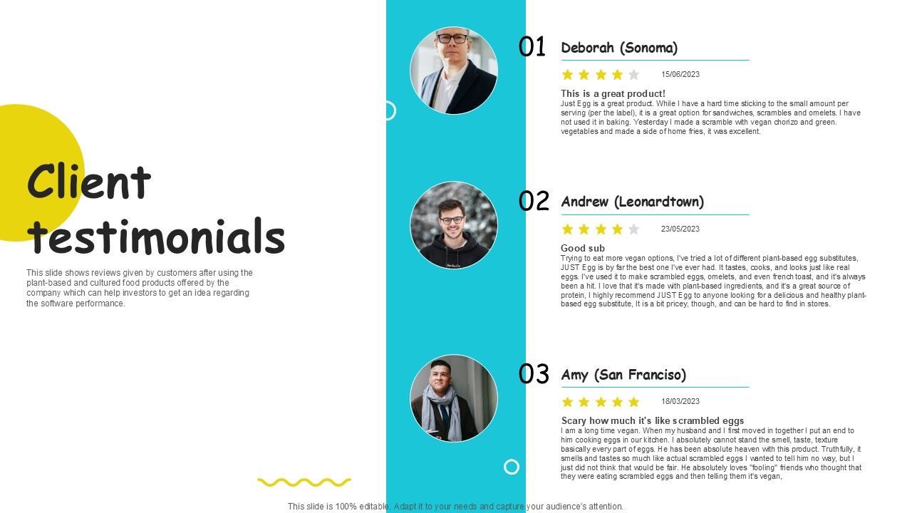 Client Testimonials Plant Based Eggs Developing Company Investor PPT PowerPoint