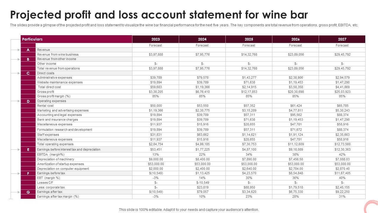 Wine Lounge Business Plan Projected Profit And Loss Account Statement For Wine Bar BP SS V
