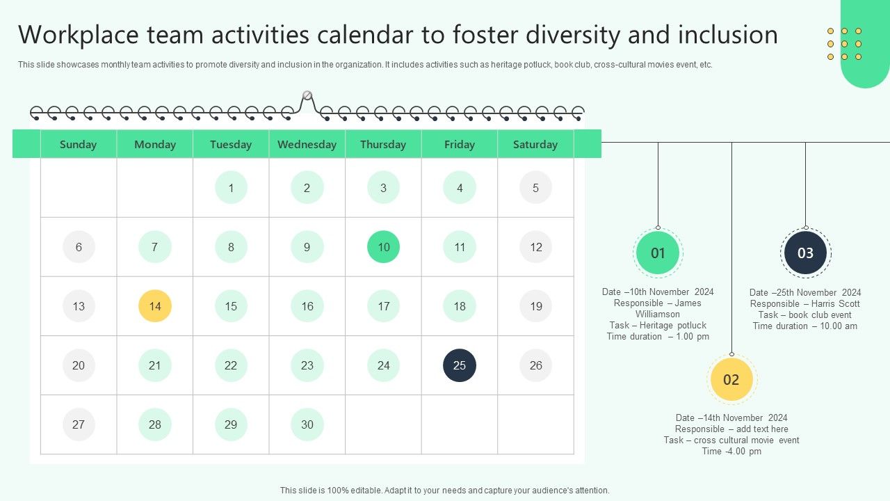 Workplace Team Activities Calendar To Foster Diversity Analysing Hr Data For Effective Decision Making