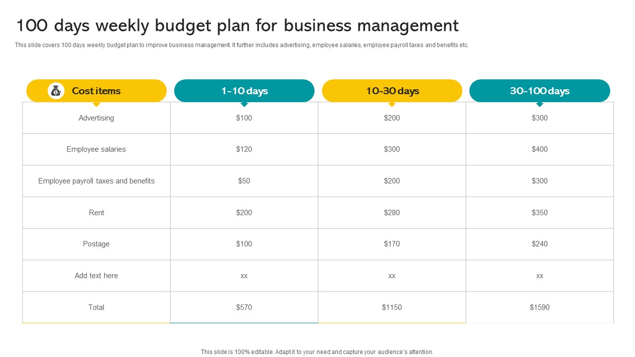 100 Days Weekly Budget Plan For Business Management Themes PDF