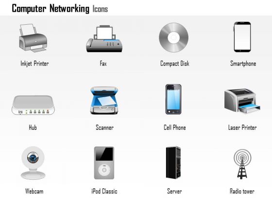 1 Computer Networking Icons Printer Fax Smartphone Hub Scanner Webcam Server Ppt Slides