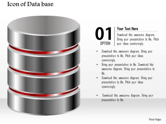 1 Icon Of Database With Storage Circular Cylinders Stacked On Top Of Each Other Ppt Slide