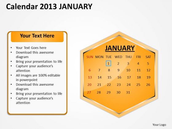 2013 January Calendar PowerPoint Slides Ppt Templates