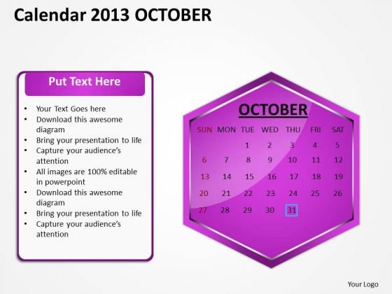 2013 October Calendar PowerPoint Slides Ppt Templates