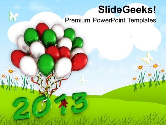 2013 Tied With Green White Balloons PowerPoint Templates Ppt Backgrounds For Slides 1212
