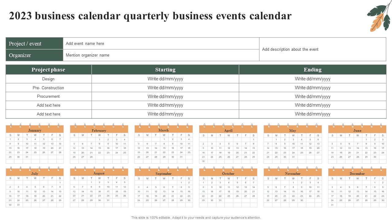 2023 Business Calendar Quarterly Business Events Calendar Slides PDF