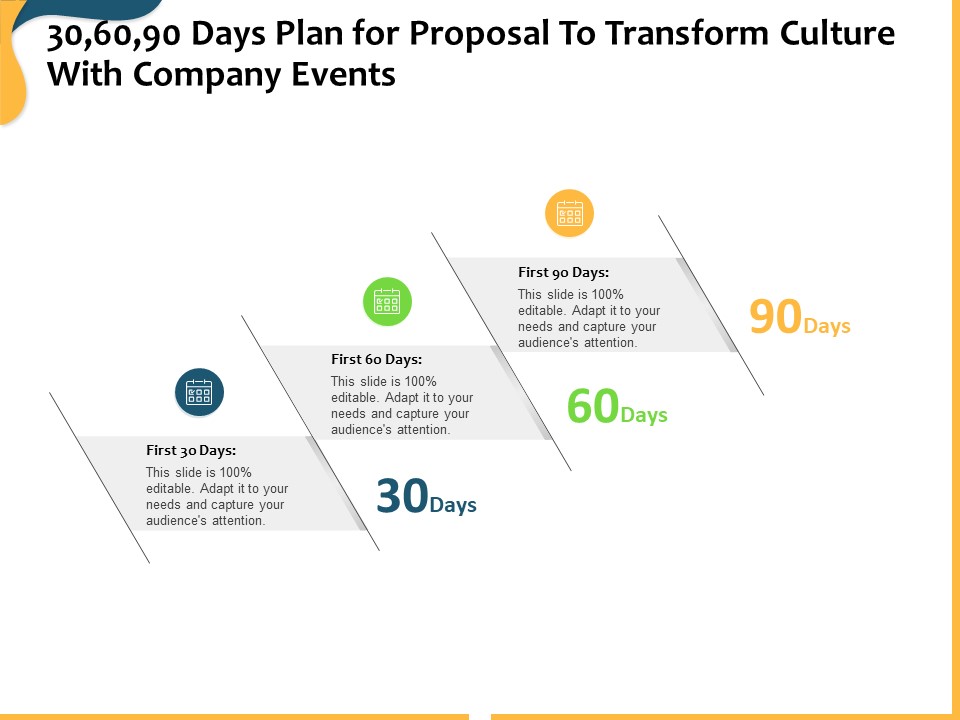 30 60 90 Days Plan For Proposal To Transform Culture With Company Events Ppt Professional Clipart Images PDF