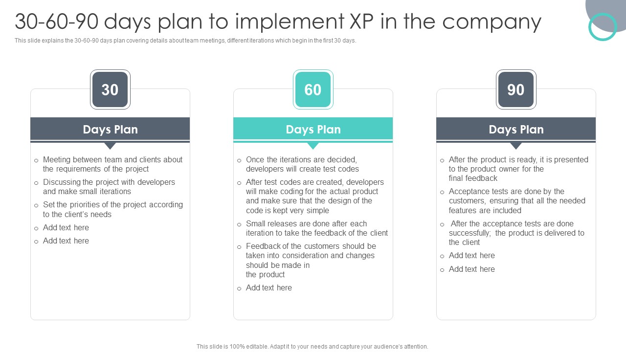 30 60 90 Days Plan To Implement XP In The Company Elements PDF