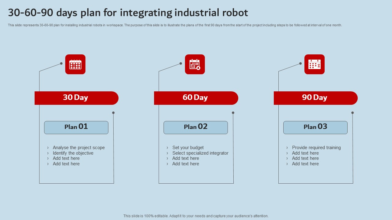 30 60 90 Days Plan For Integrating Industrial Robot Industrial Robots Portrait Pdf