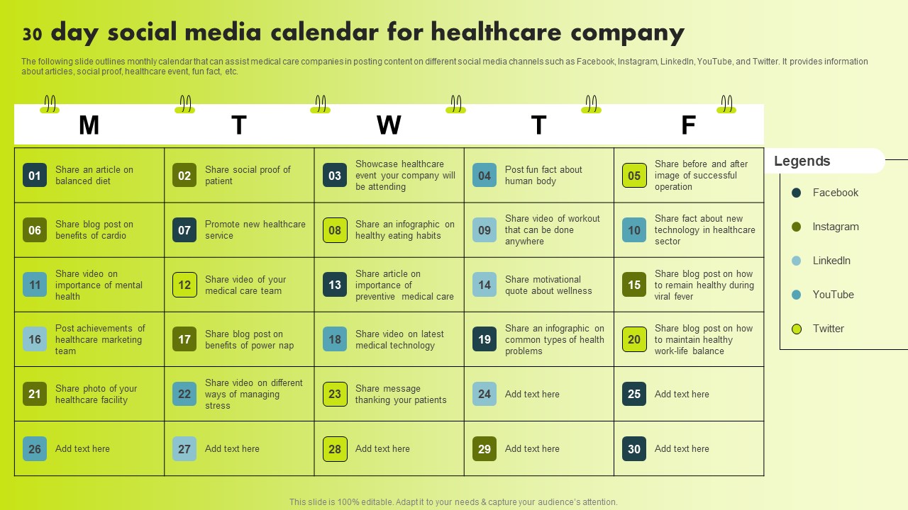 30 Day Social Media Calendar For Healthcare Company Guidelines PDF