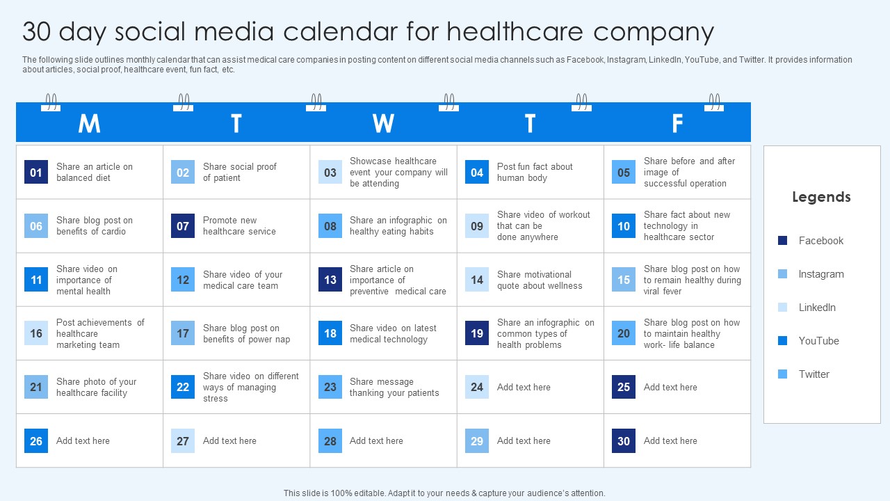 30 Day Social Media Calendar For Healthcare Company Healthcare Promotion Introduction Pdf