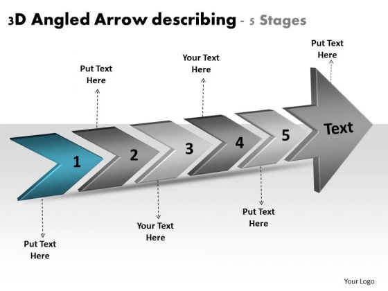 3d Angled Arrow Describing 5 Stages Flow Chart Of Production PowerPoint Slides