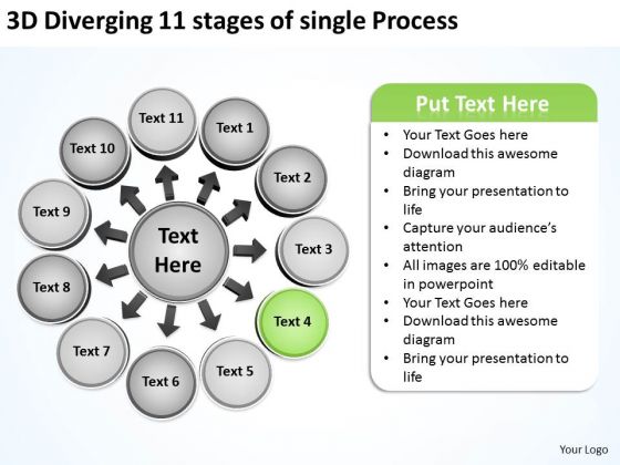 3d Diverging 11 Stages Of Single Process Business Circular Flow Arrow Chart PowerPoint Slides