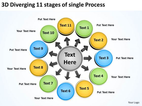 3d Diverging 11 Stages Of Single Process Ppt Charts And Diagrams PowerPoint Templates