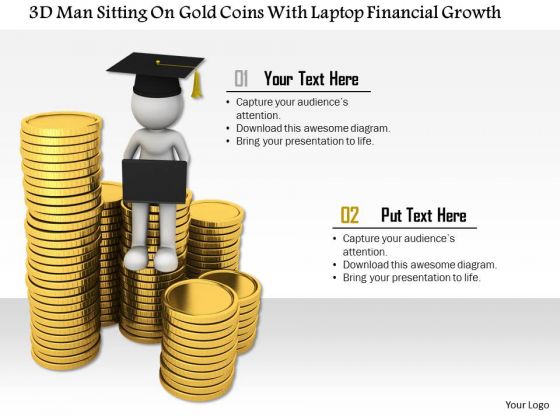 3d Man Sitting On Gold Coins With Laptop Financial Growth