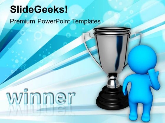 3d Man Standing With Silver Trophy PowerPoint Templates Ppt Backgrounds For Slides 0213