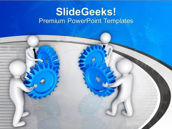 3d Men Pushing Gears To Combine Communication PowerPoint Templates Ppt Backgrounds For Slides 0213